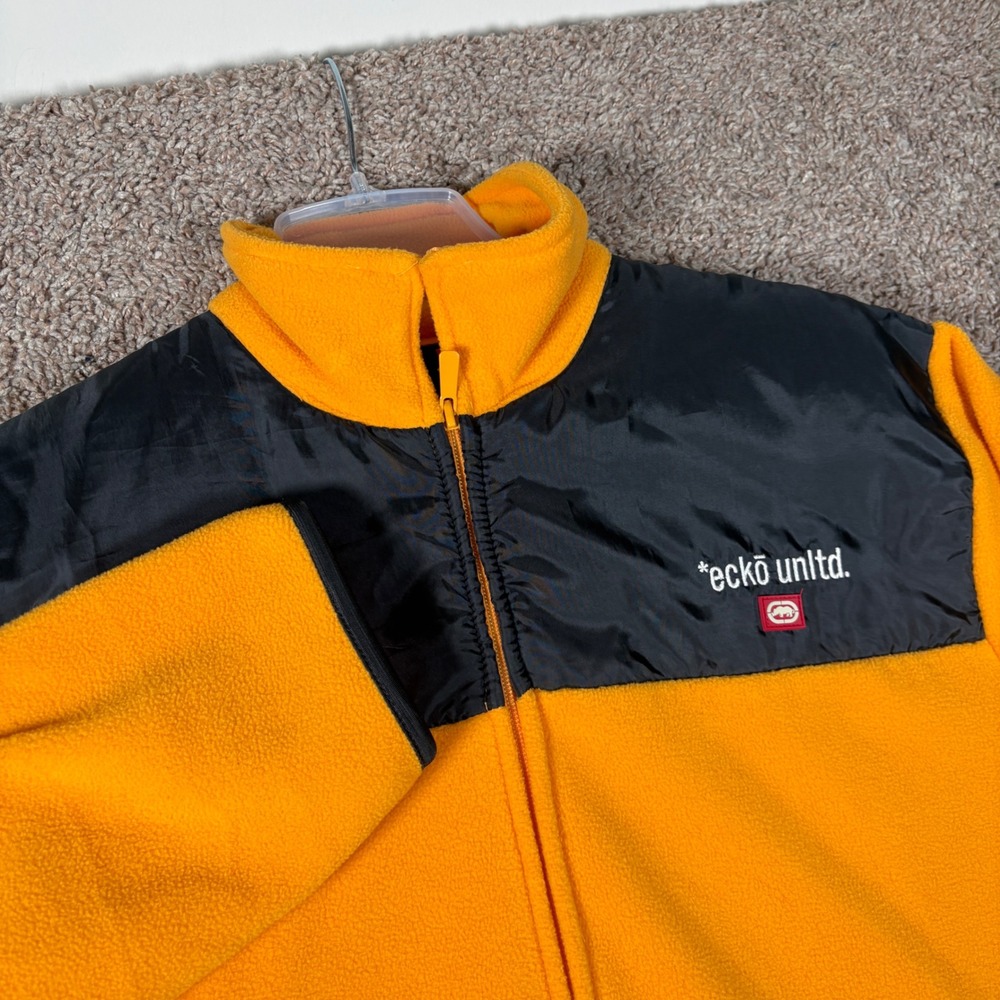 Ecko Unltd Mens Fleece Jacket Large Orange Black Full Zip Mock Neck Streetwear